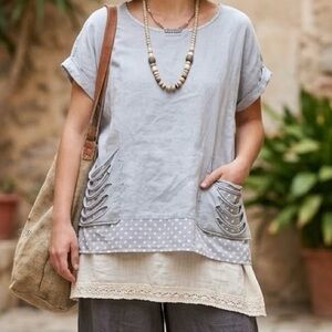 Made in Italy 100% Linen Lagenlook Polka Dot Shredded Pocket Top Blue Grey Boho